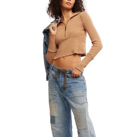 NEW Free People Midnight Shirt - Zip Neck, Long Sleeve IN brown 1125 3s2 - Picture 2 of 7